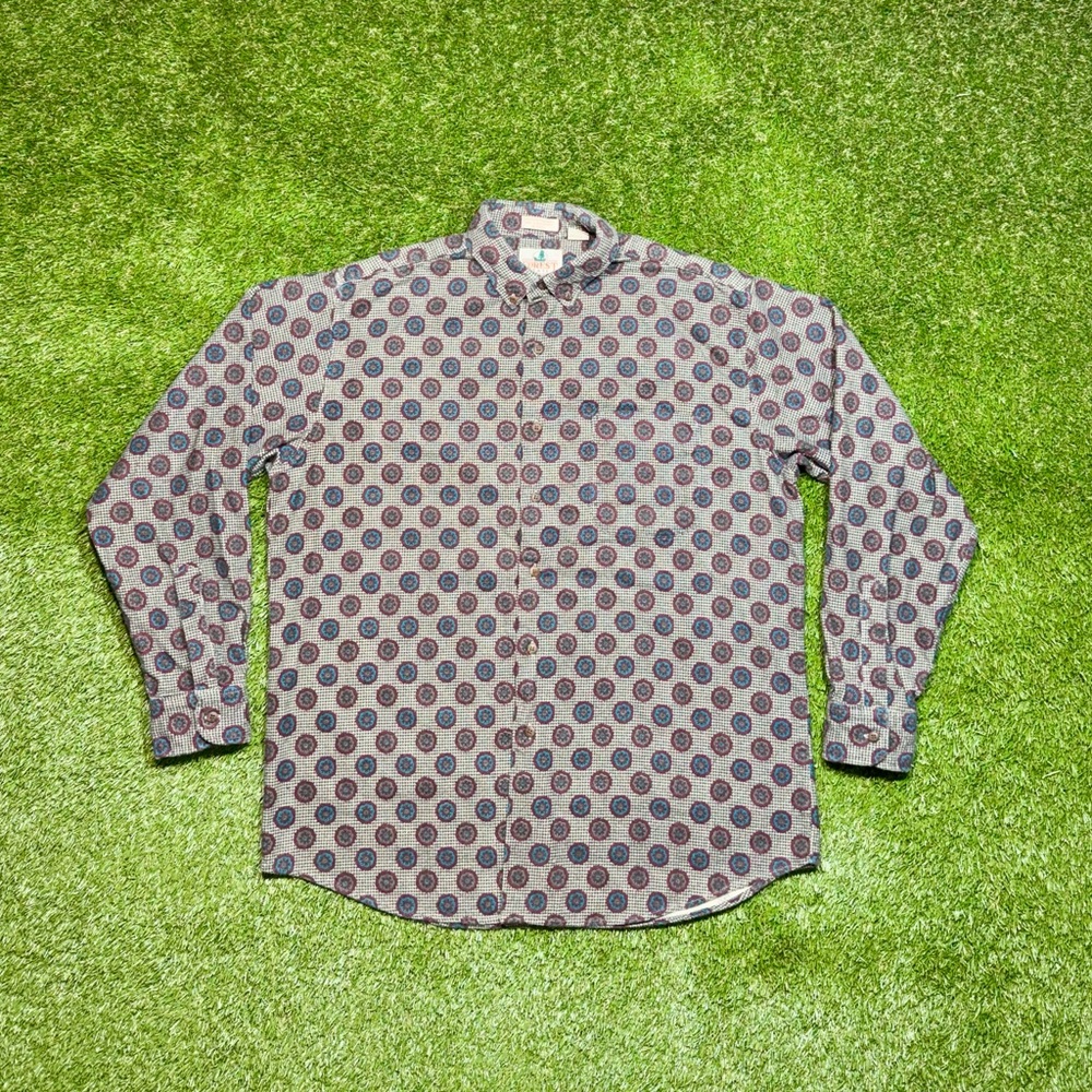 Vintage Mens Forest Trail Geometric Abstract Button Shirt Size Large Multicolor